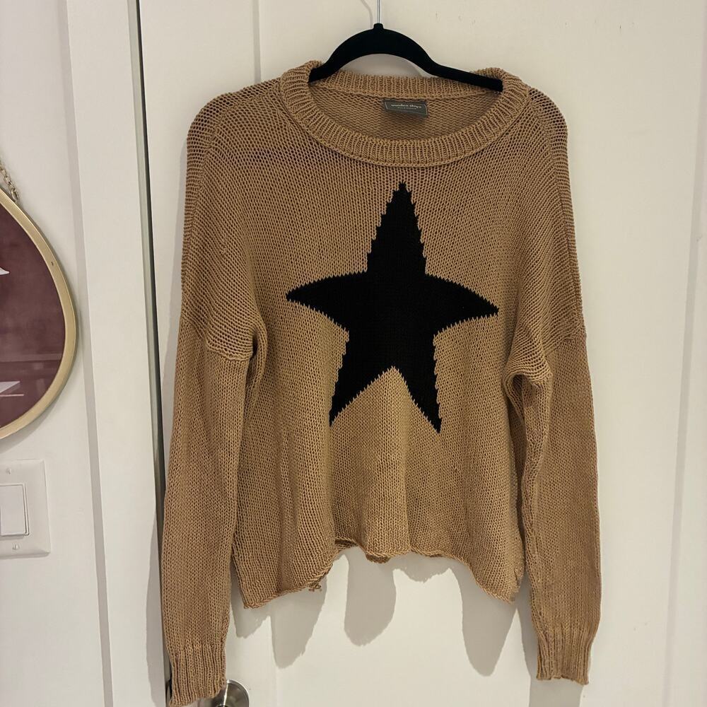 Wooden Ships Tan Star Print Open Knit Sweater Medium